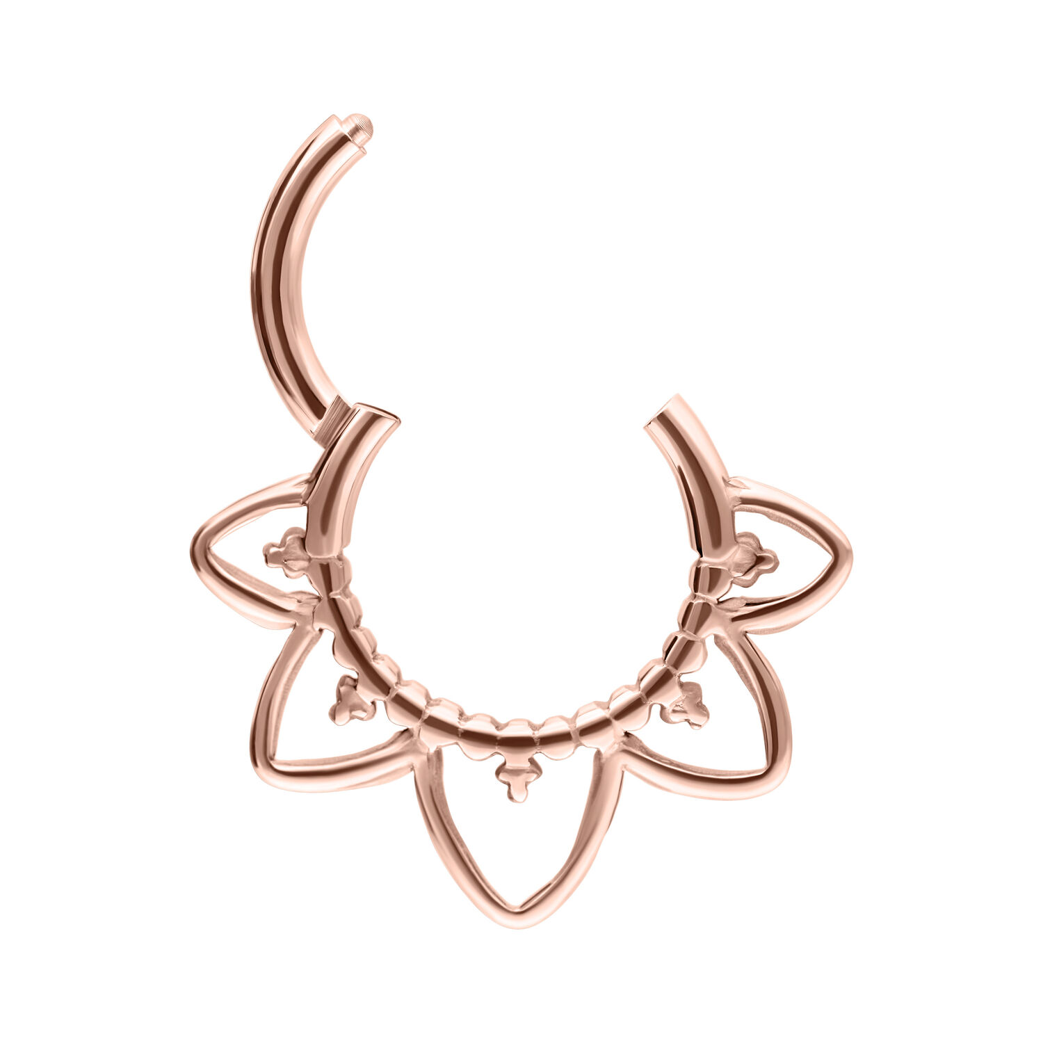 Septum Clicker in oro rosa con design orientale su sfondo bianco
