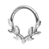 Clicker per Setto in Argento in Titanio con foglie di cristallo scintillanti su sfondo bianco