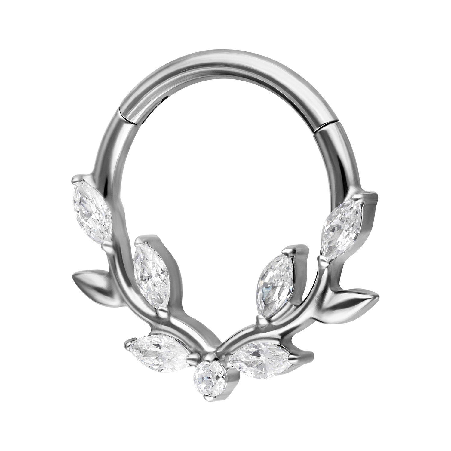 Clicker per Setto in Argento in Titanio con foglie di cristallo scintillanti su sfondo bianco