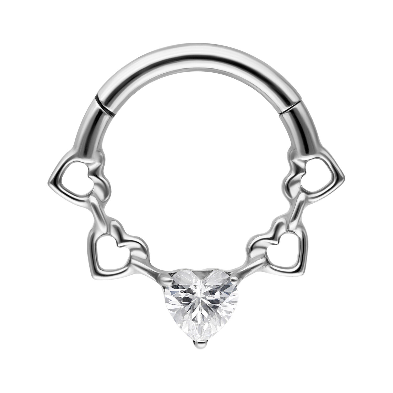 Clicker septum in argento con dettagli a cuore e cristallo su sfondo bianco