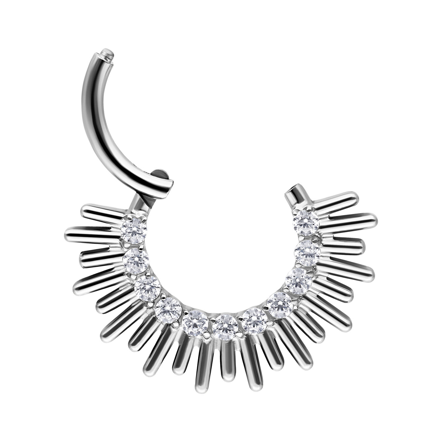 Clicker per setto nasale argento in titanio con cristalli scintillanti su sfondo bianco