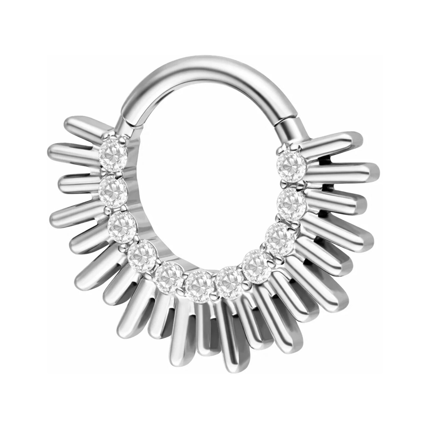 Clicker per setto nasale in argento in titanio con zirconi scintillanti su sfondo bianco