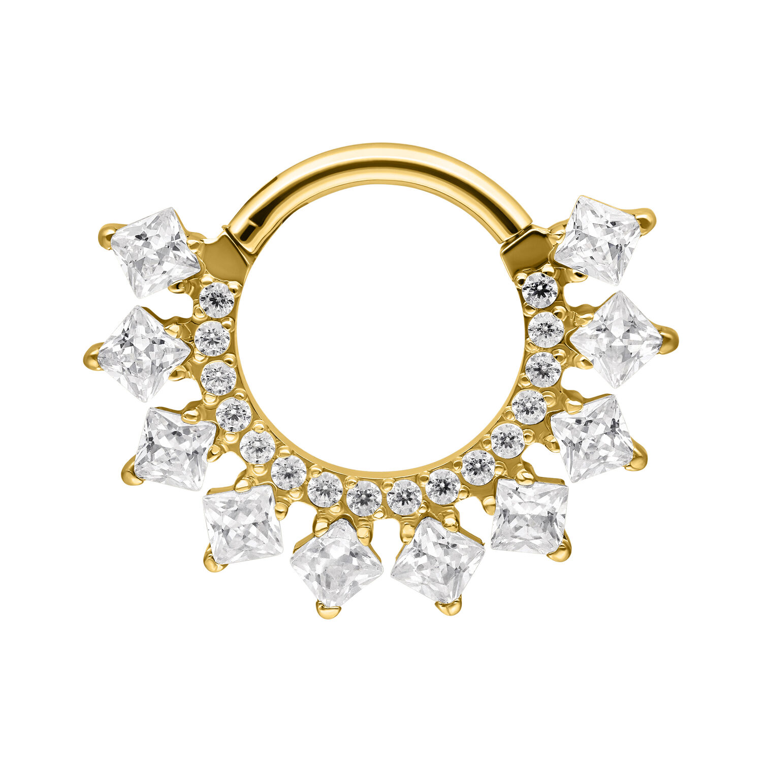 Clicker Septum dorato con scintillanti zirconi su sfondo bianco