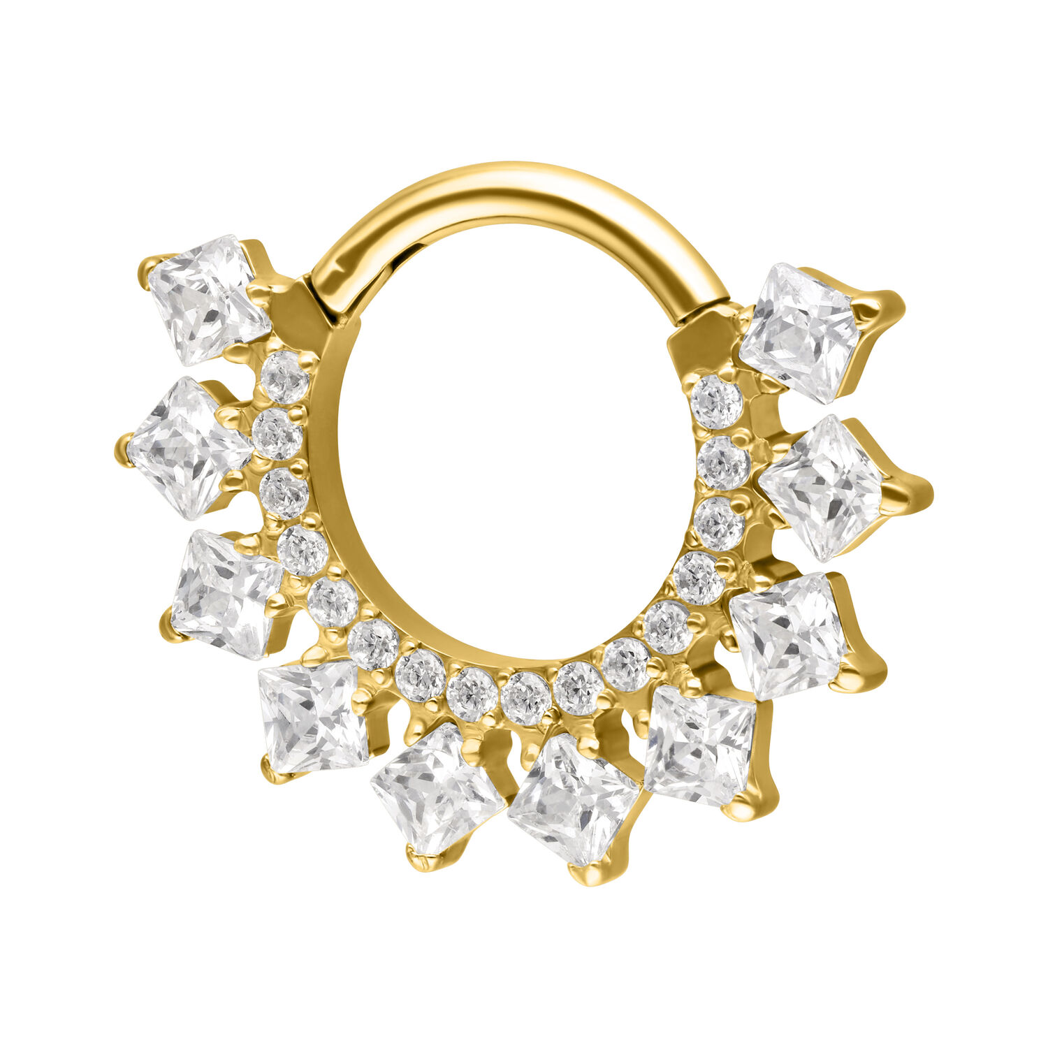 Clicker septum dorato con scintillanti zirconi su sfondo bianco