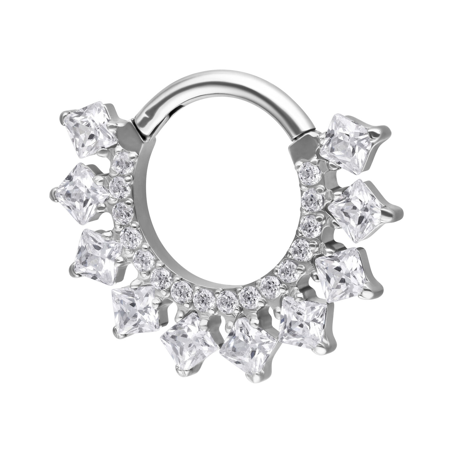 Clicker setto in argento con cristalli scintillanti su sfondo bianco