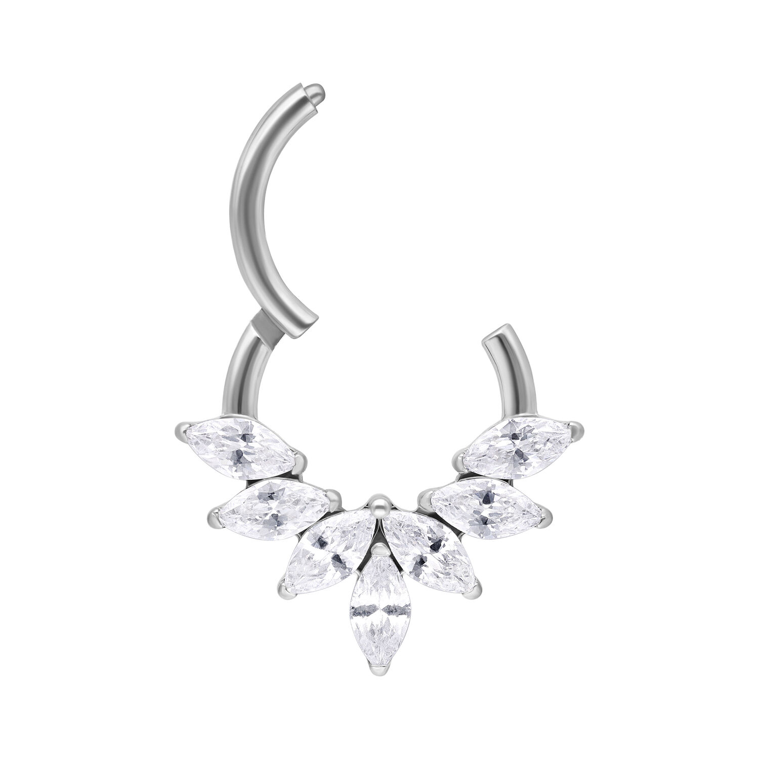 Clicker per setto argento con cristalli marquise su sfondo bianco