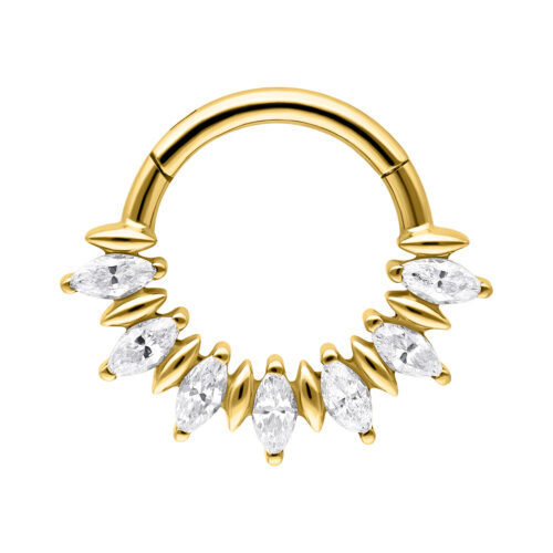 Clicker per setto dorato con scintillanti pietre marquise su sfondo bianco