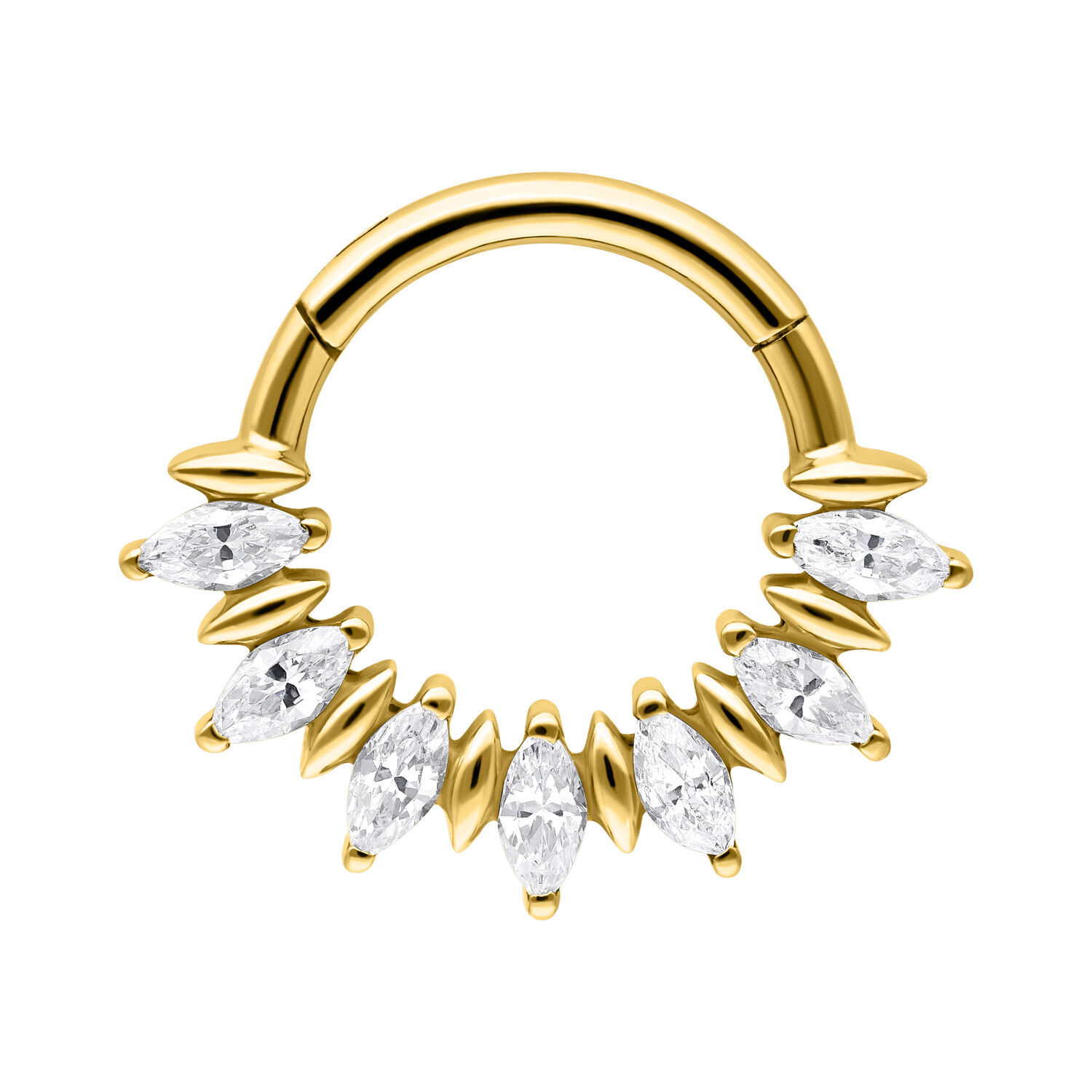 Clicker per setto dorato con scintillanti pietre marquise su sfondo bianco