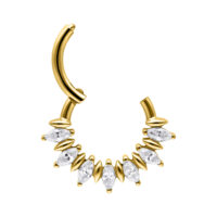 Clicker per setto dorato con cristalli a forma di marquise su sfondo bianco