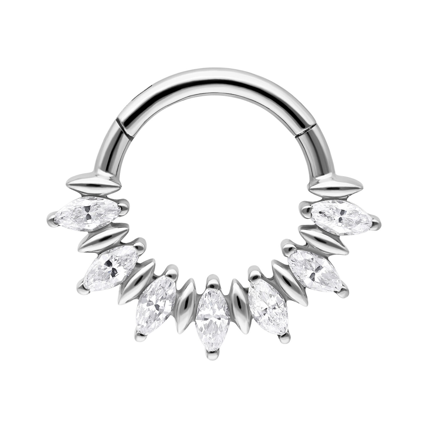 Septum Clicker in argento con pietre Marquise su sfondo bianco