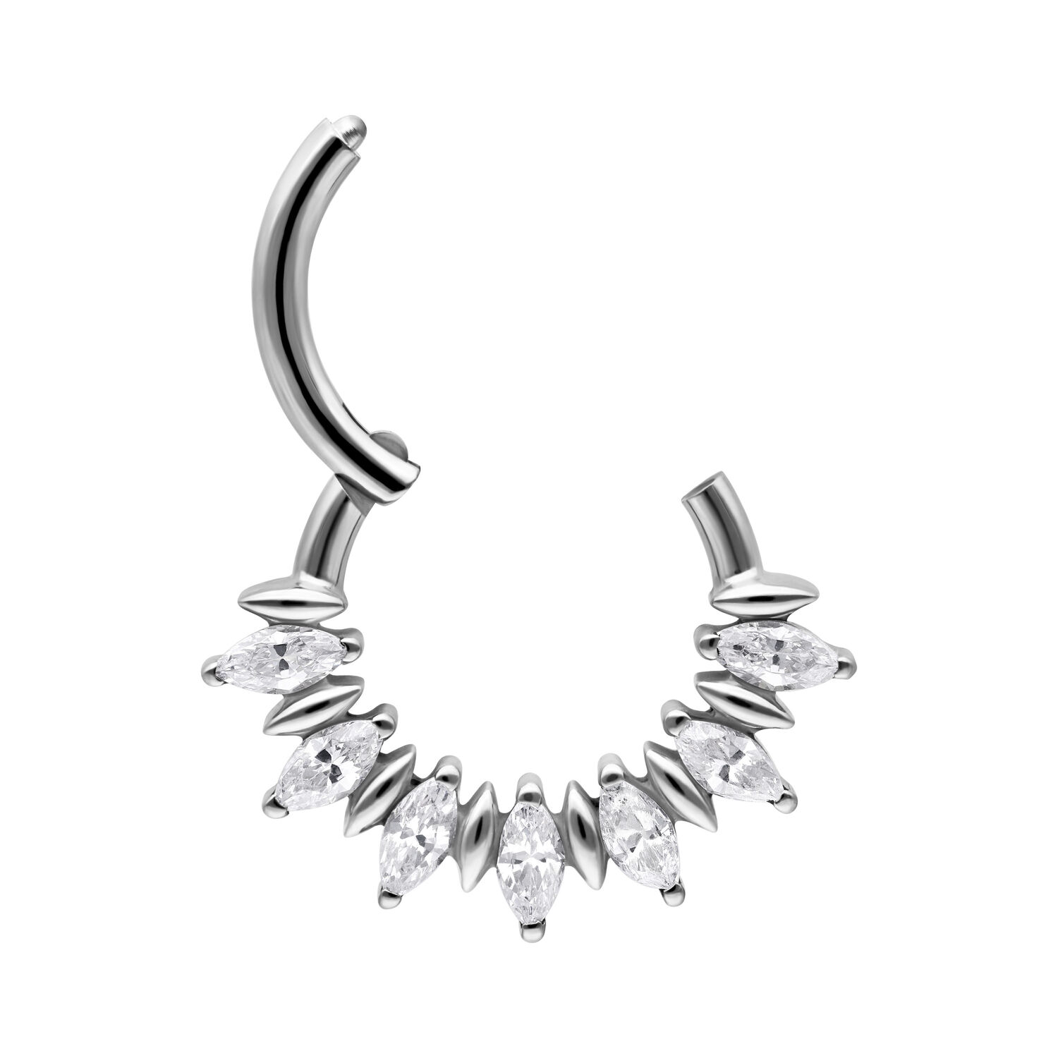 Clicker per septum in argento con pietre marquise su sfondo bianco
