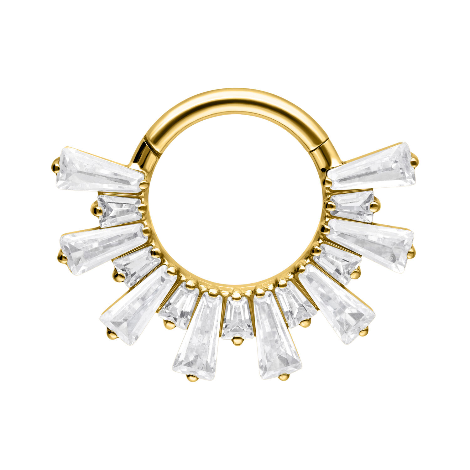 Clicker septum dorato con cristalli scintillanti su sfondo bianco