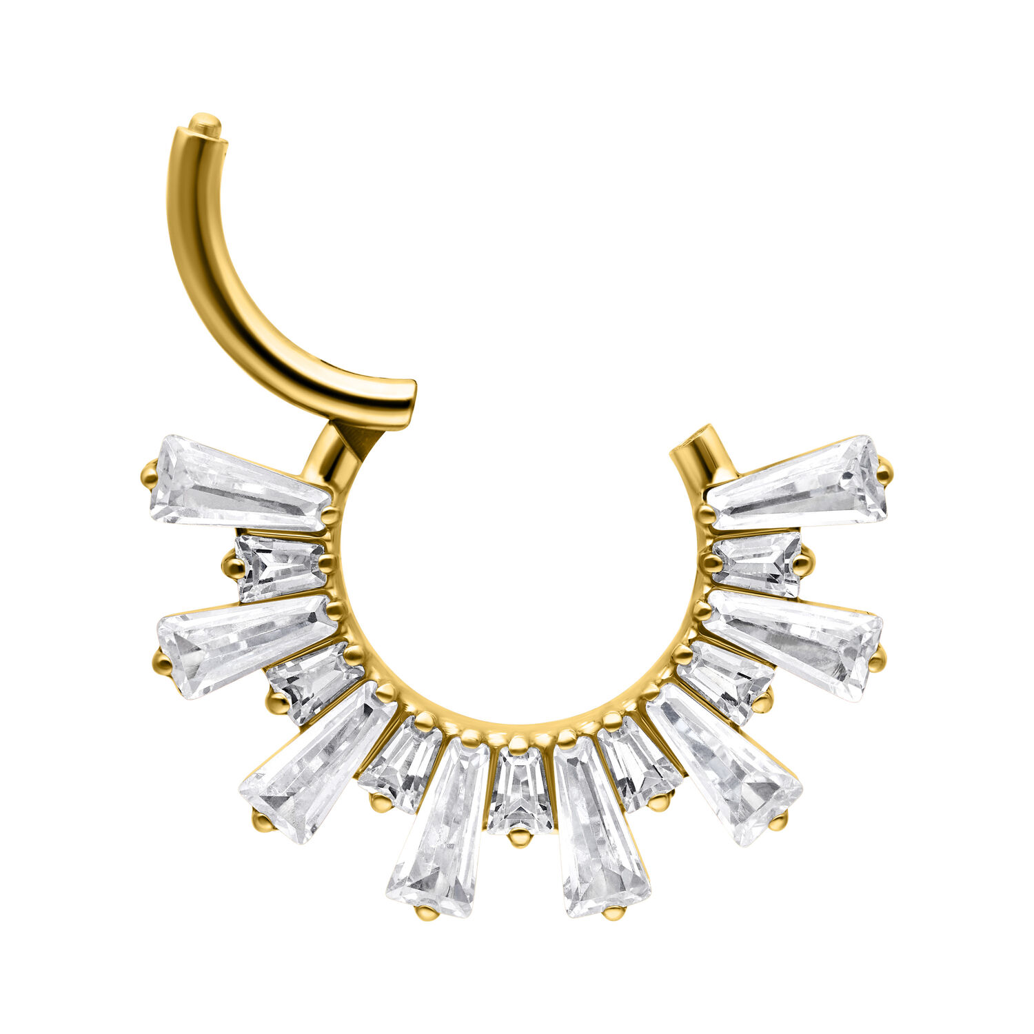 Clicker septum dorato con decorazione in cristallo su sfondo bianco