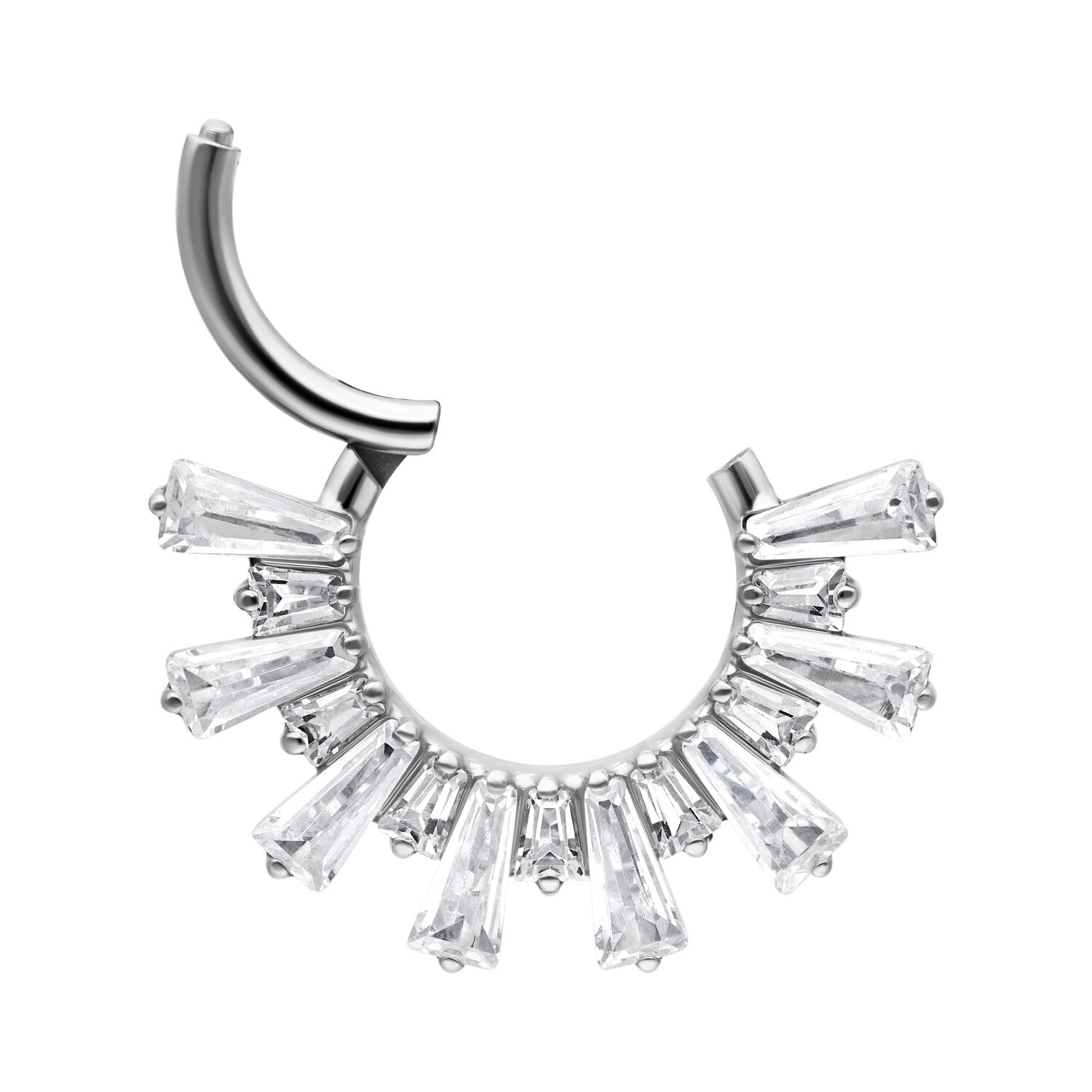 Clicker per setto nasale argento con decorazione in cristallo su sfondo bianco