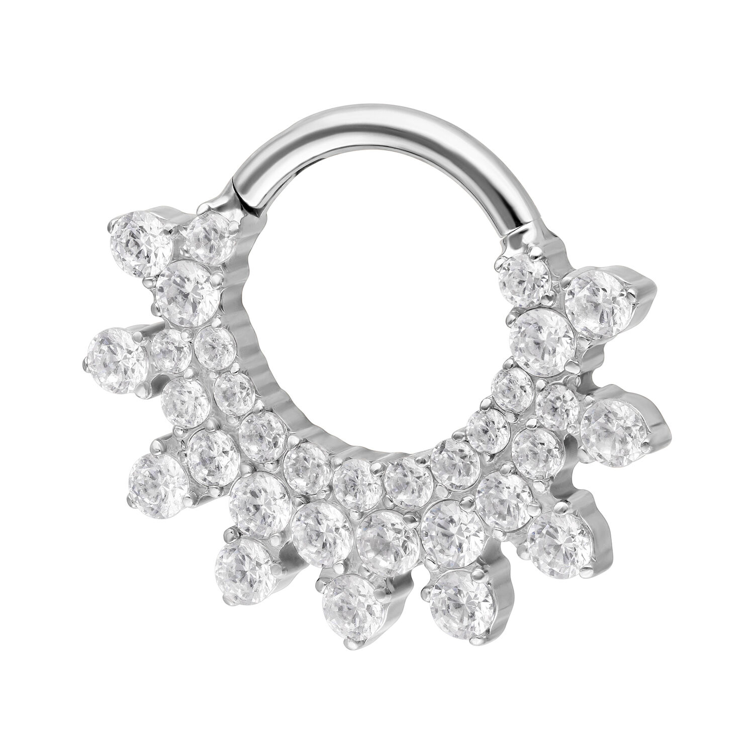 Clicker per setto nasale in argento di titanio con cristalli scintillanti su sfondo bianco