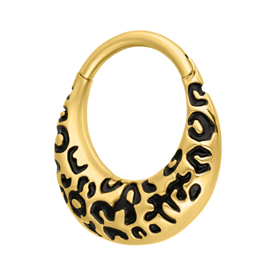 Clicker per setto dorato con motivo leopardo nero su sfondo bianco