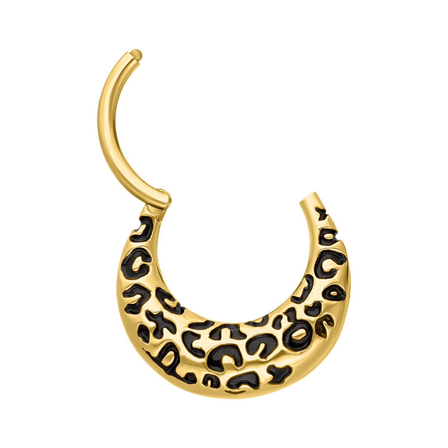 Clicker Septum dorato con motivo leopardato su sfondo bianco