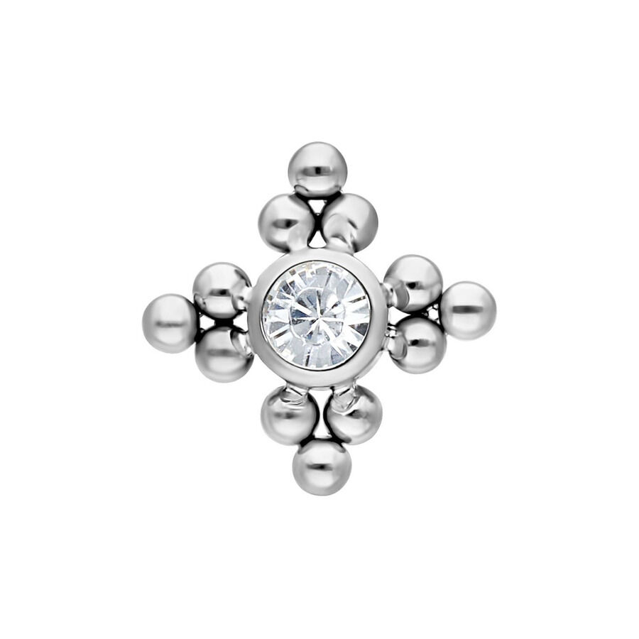 Punta in titanio argentato con pietra cristallina e sfere su sfondo bianco
