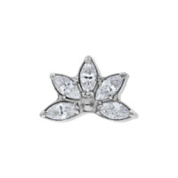 Punta per piercing in titanio argento con cinque cristalli chiari su sfondo bianco