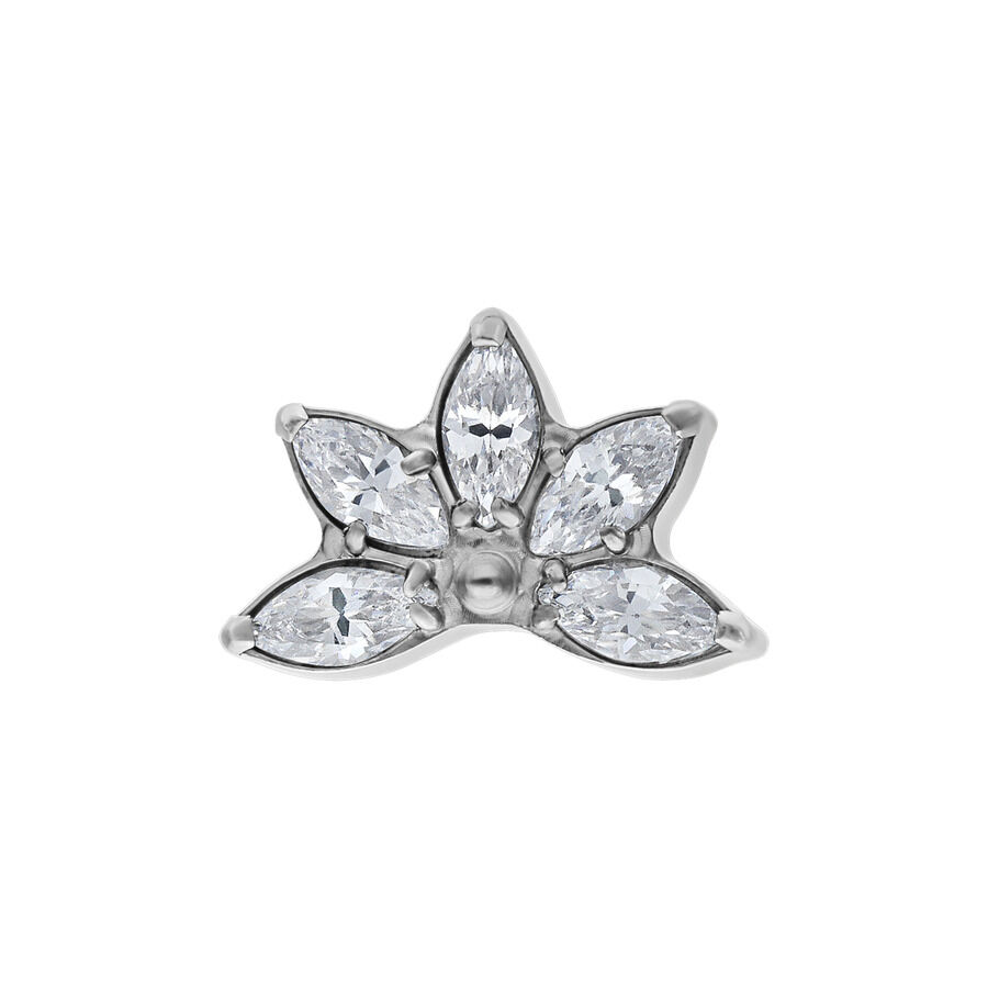 Punta per piercing in titanio argento con cinque cristalli chiari su sfondo bianco