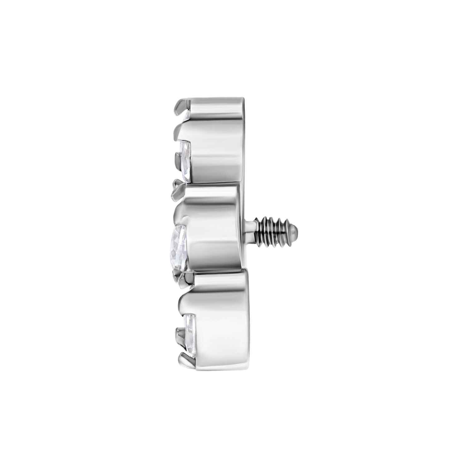 Accessorio piercing in argento con tre cristalli chiari, di lato