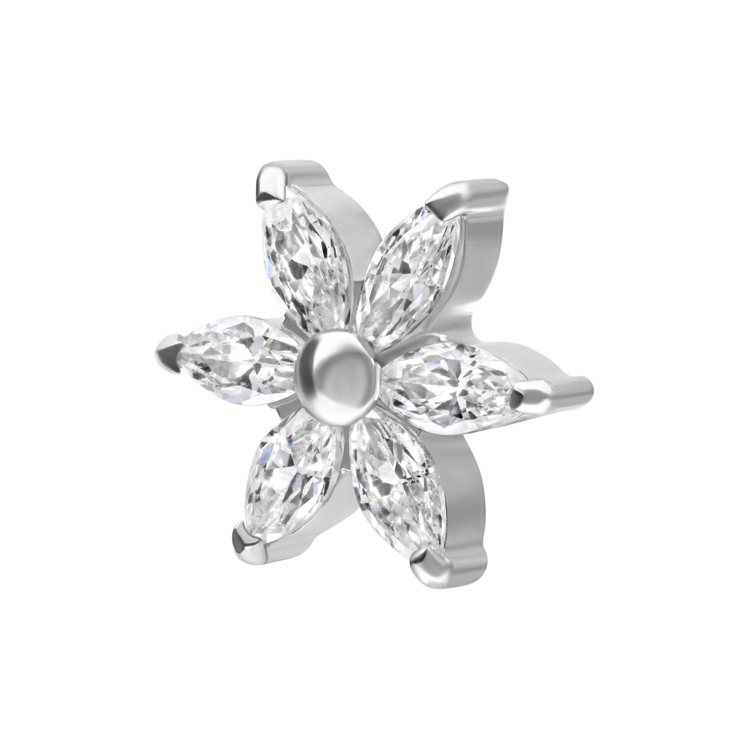 Attacco hibiscus in argento con pietre cristalline su sfondo bianco