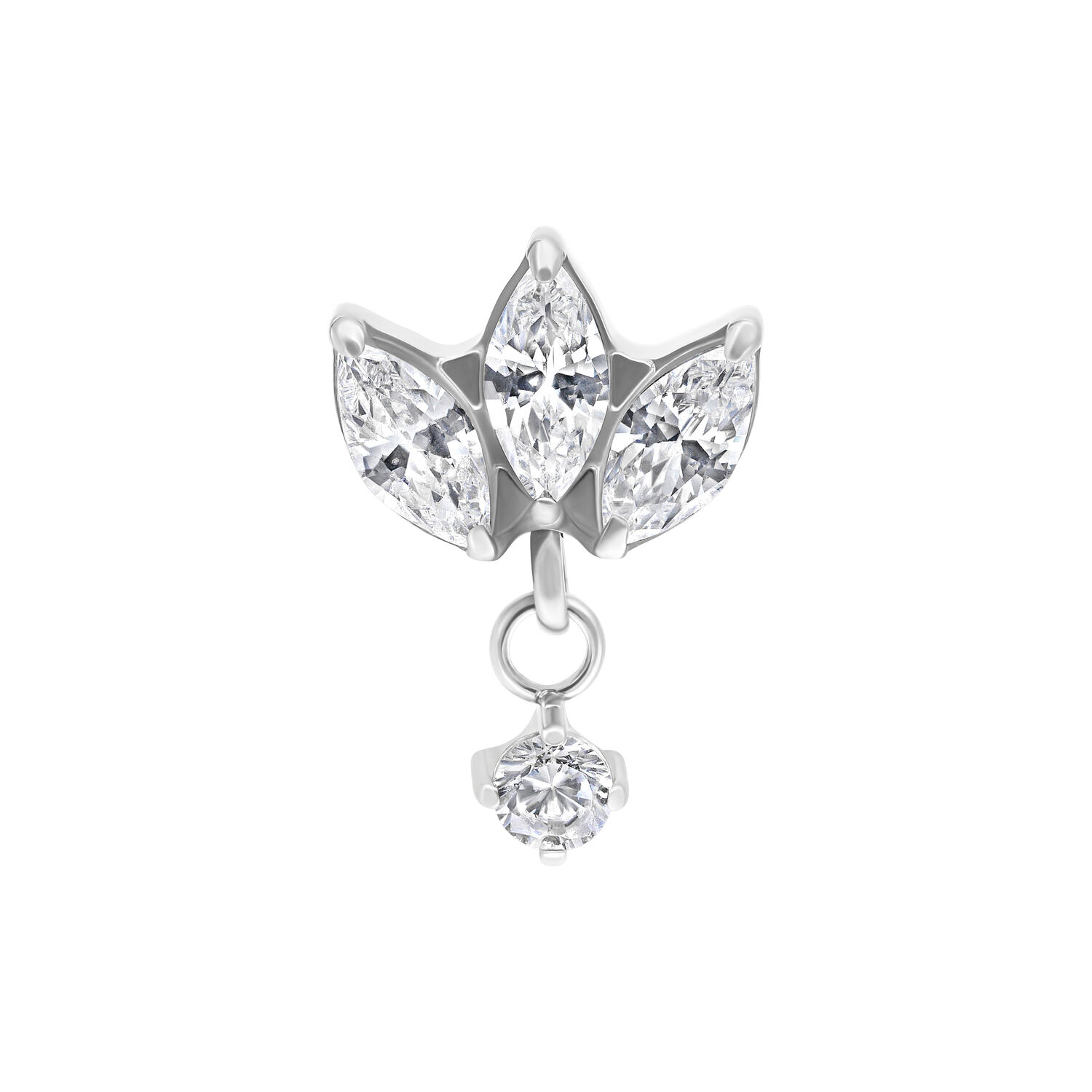 Attacco piercing in titanio argentato con tre cristalli chiari a forma di foglia e pietra pendente