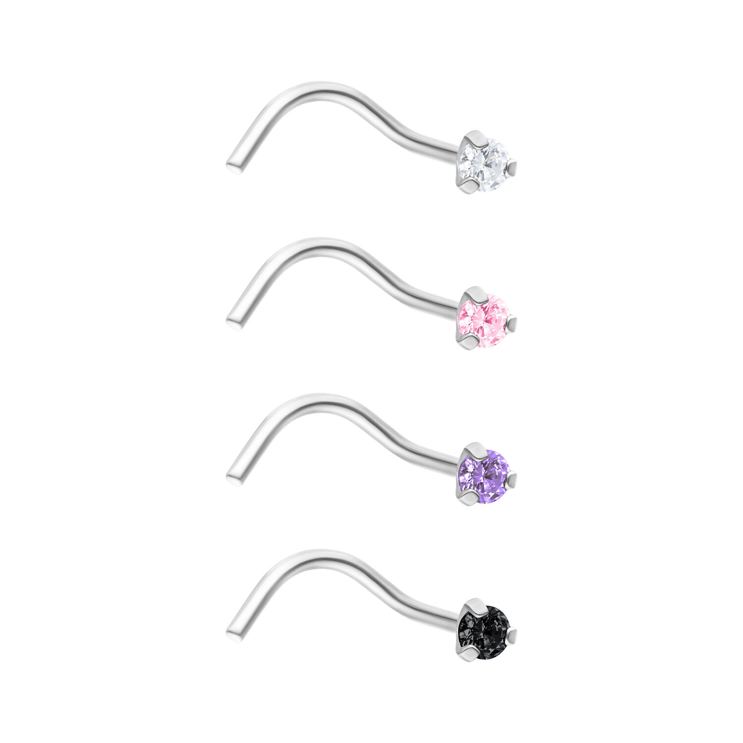Piercing nasale curvo in titanio con cristallo in argento, nero, cristallo chiaro, ametista e rosa