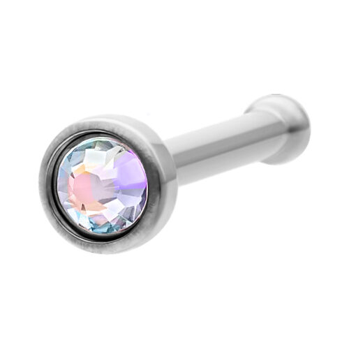 Piercing nasale in titanio argento con cristallo Aurora Boreale scintillante su sfondo bianco