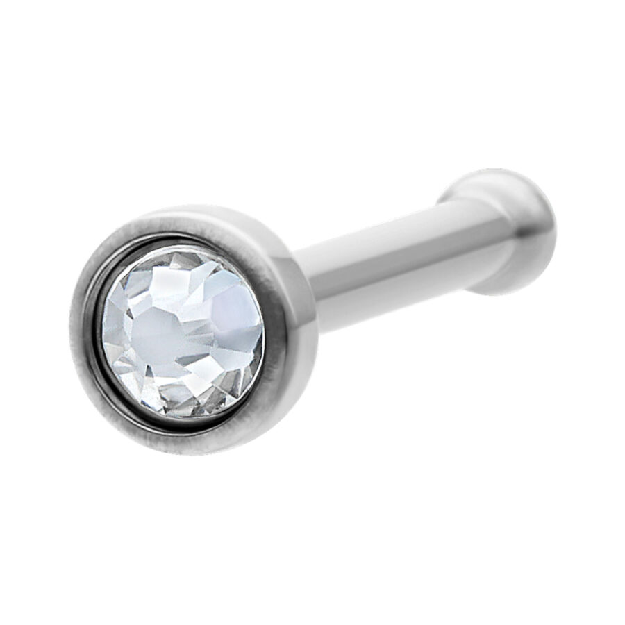 Piercing al naso in titanio argento con pietra cristallo chiaro su sfondo bianco