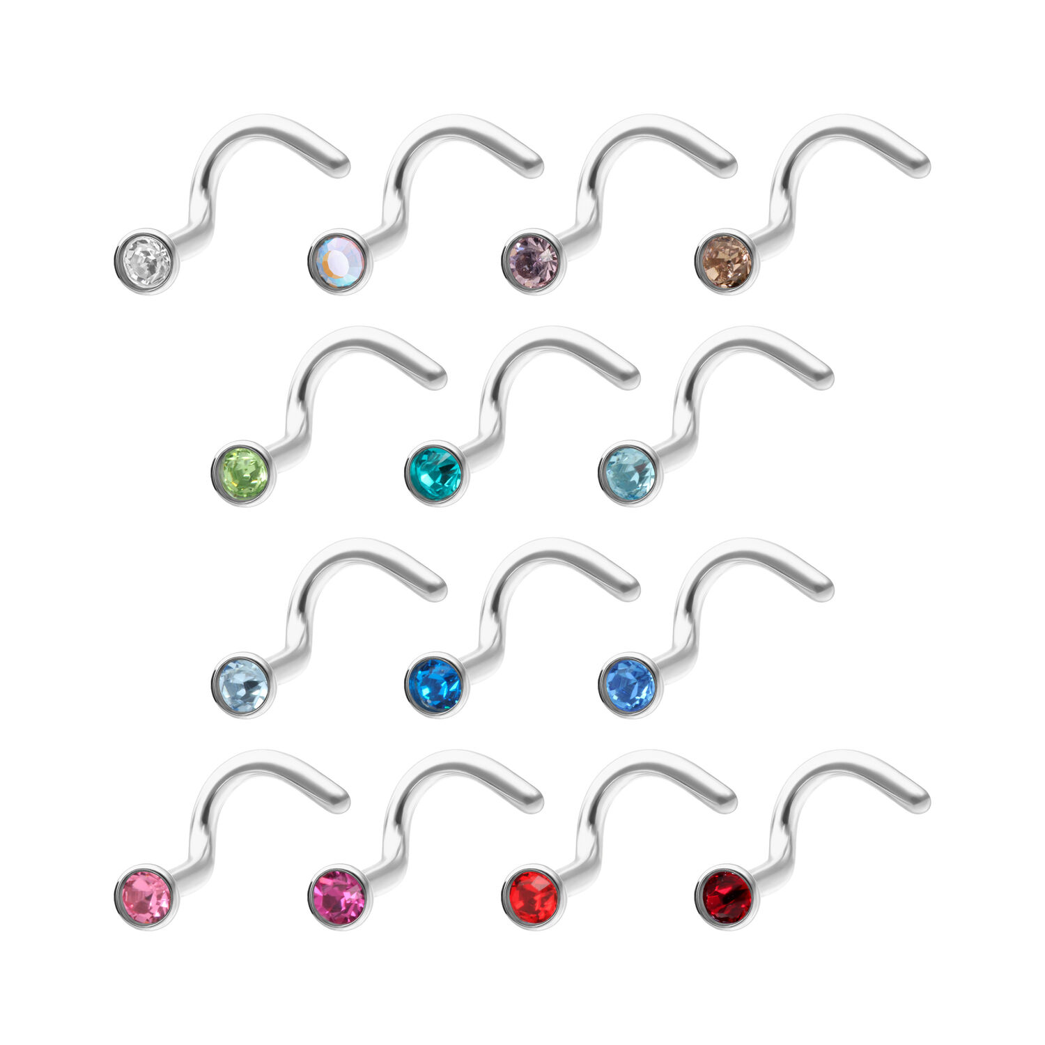 Vari piercing nasali in titanio con cristalli colorati su sfondo bianco