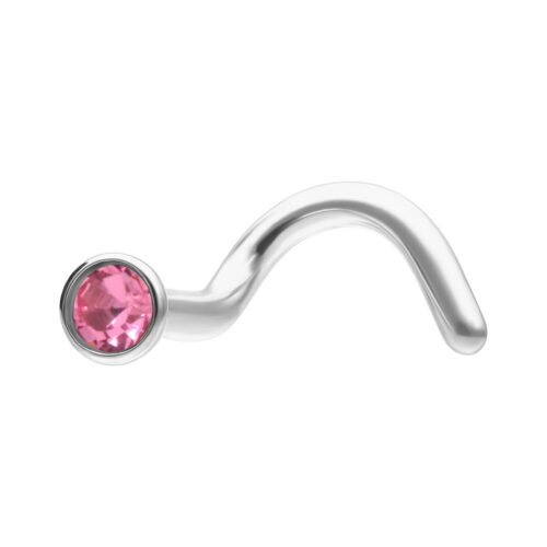 Piercing al naso in argento con cristallo rosa su sfondo bianco
