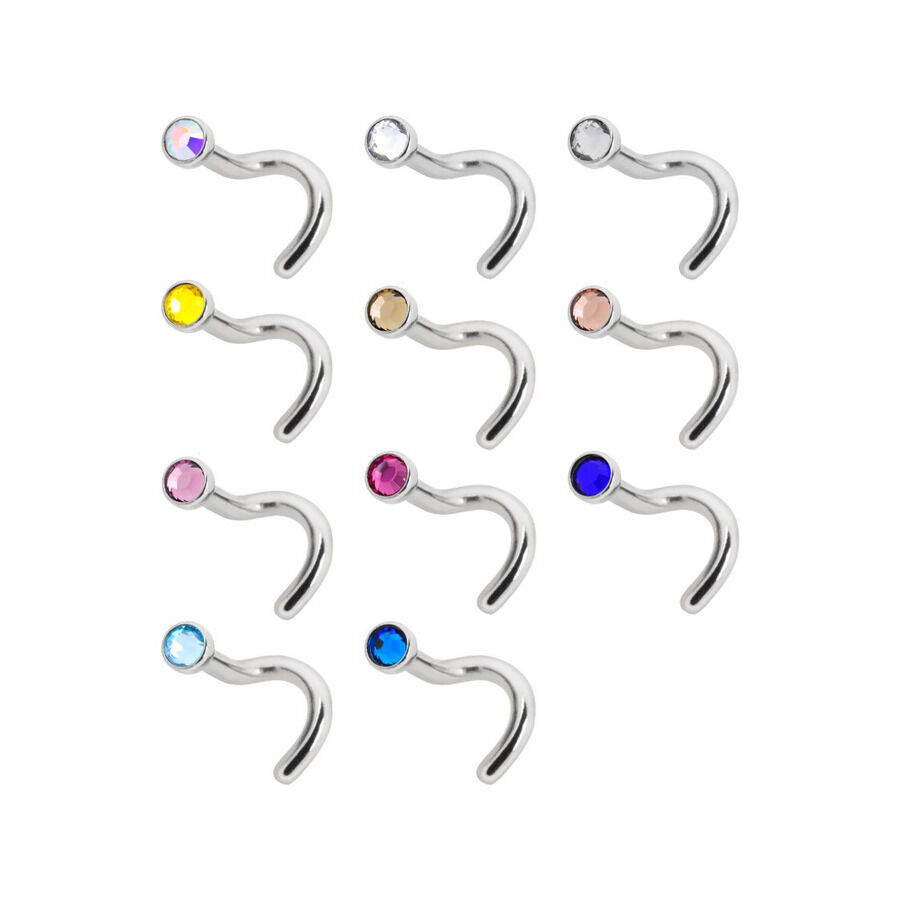 Piercing al naso in titanio argentato con cristalli colorati su sfondo bianco