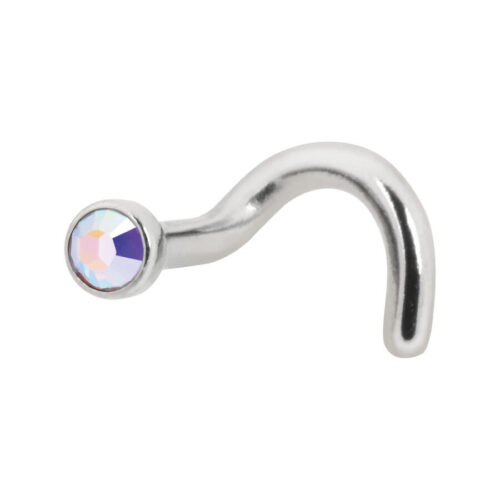 Piercing nasale in titanio argentato con cristallo Aurora Boreale su sfondo bianco