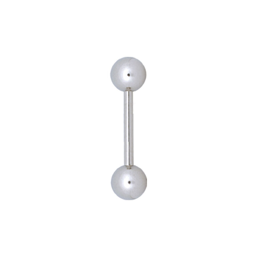 Piercing a bilanciere in titanio argentato con due sfere su sfondo bianco