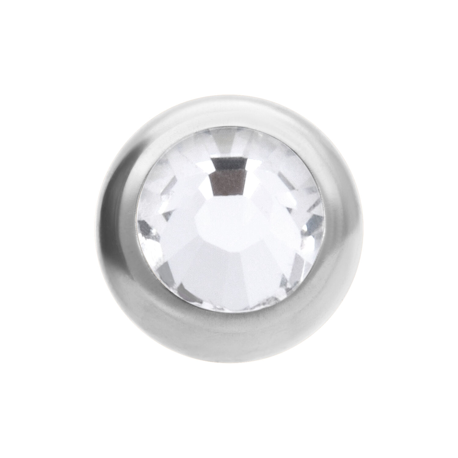 Sfera decorativa argentata con pietra cristallina sfaccettata su sfondo bianco
