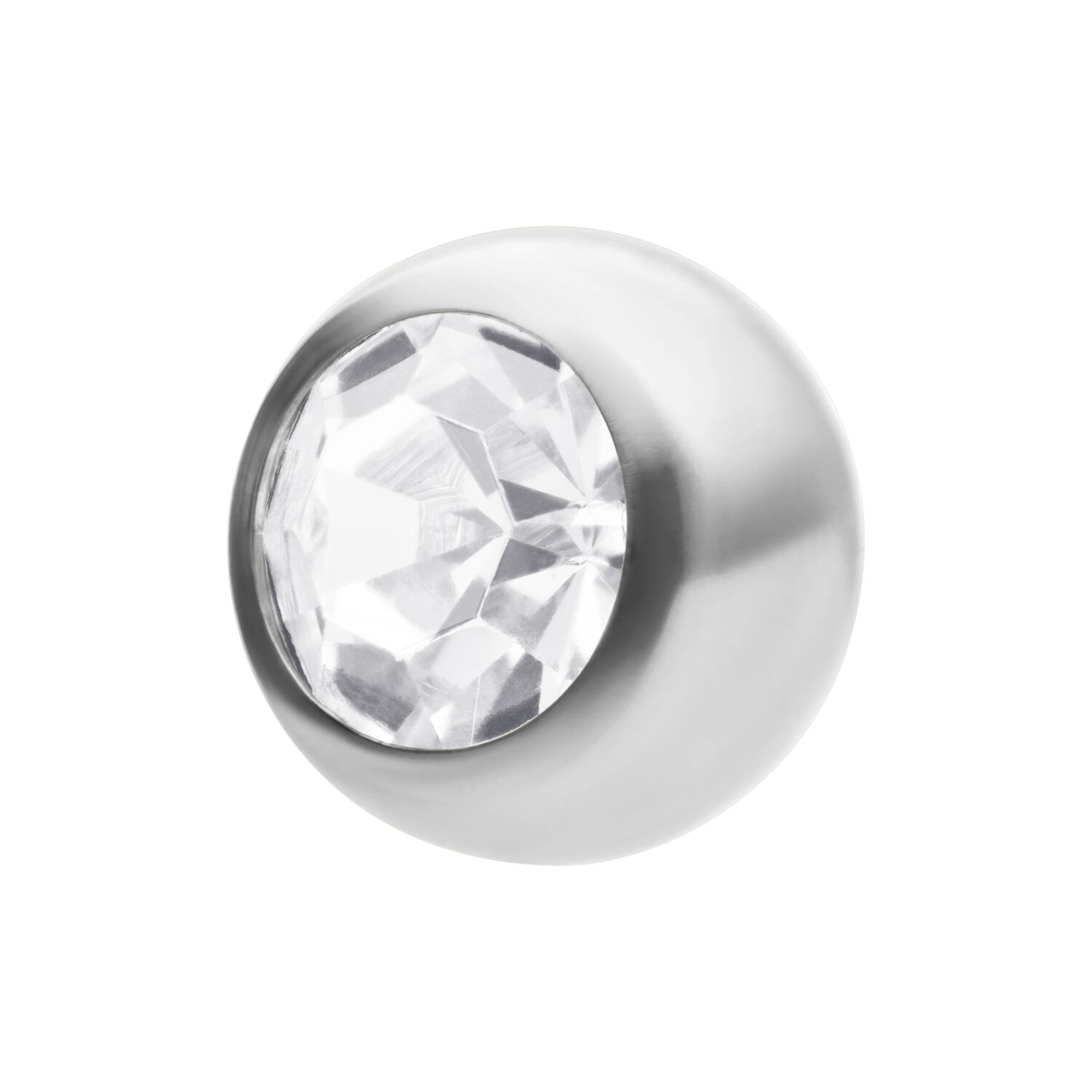 Sfera in titanio argentato con pietra sfaccettata cristallina su sfondo bianco