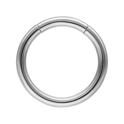 Anello a segmento in titanio argento su sfondo bianco, liscio e rotondo.
