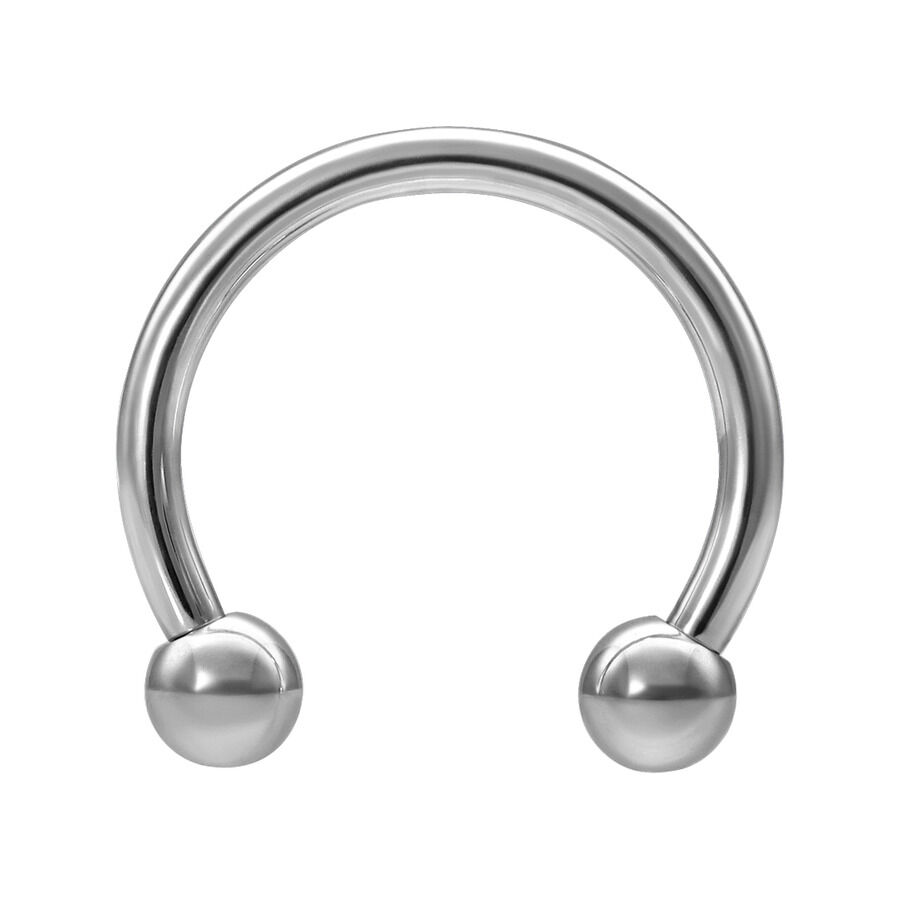 Barbell circolare argento con filettatura esterna e estremità a sfera su sfondo bianco