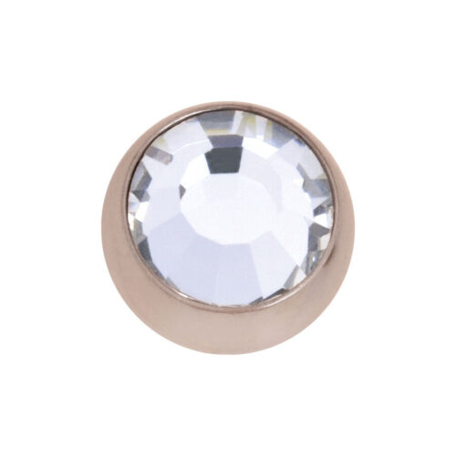 Sfera piercing in oro rosa con cristallo chiaro su sfondo bianco