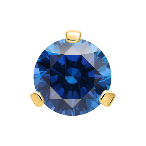 Cristallo blu zaffiro in montatura dorata, tenuto da tre griffe, su sfondo bianco