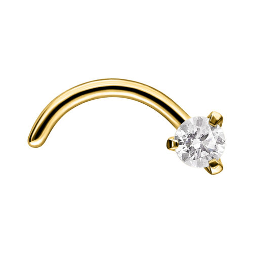 Piercing nasale dorato curvo con cristallo chiaro su sfondo bianco