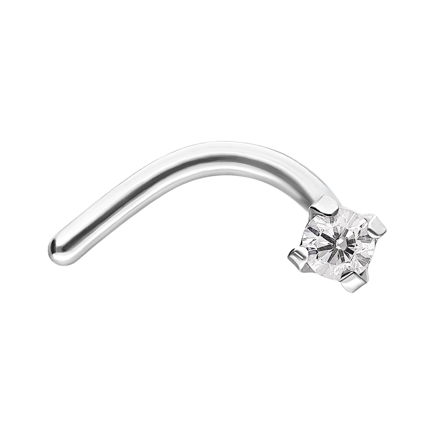 Piercing al naso in argento in acciaio chirurgico con cristallo chiaro su sfondo bianco