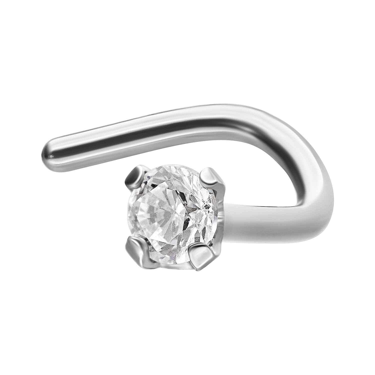 Piercing nasale in argento con cristallo chiaro su sfondo bianco