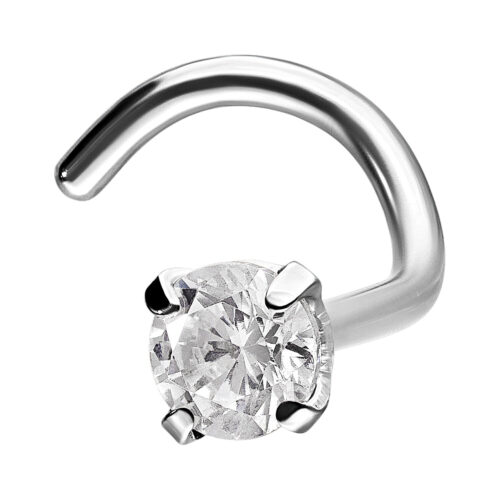 Piercing al naso in argento in acciaio chirurgico con cristallo chiaro, primo piano