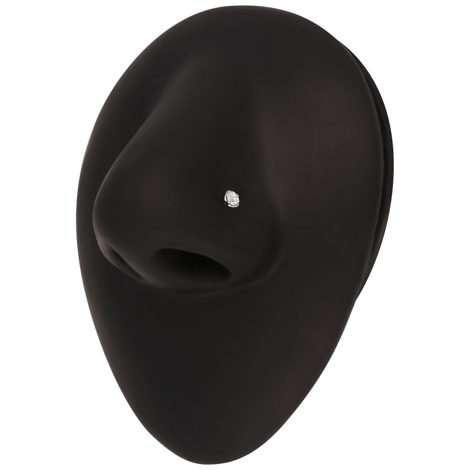 Espositore nasale nero con piercing al naso in cristallo argentato su sfondo bianco