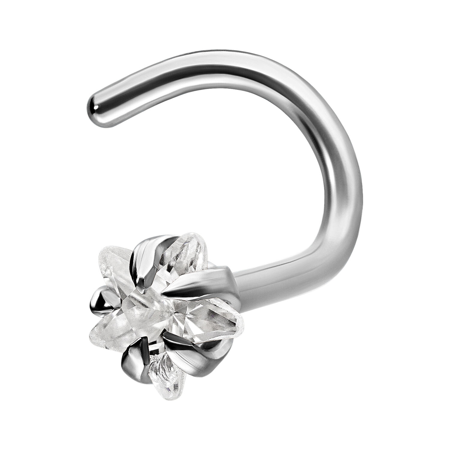 Piercing nasale in argento con cristallo a forma di stella su sfondo bianco