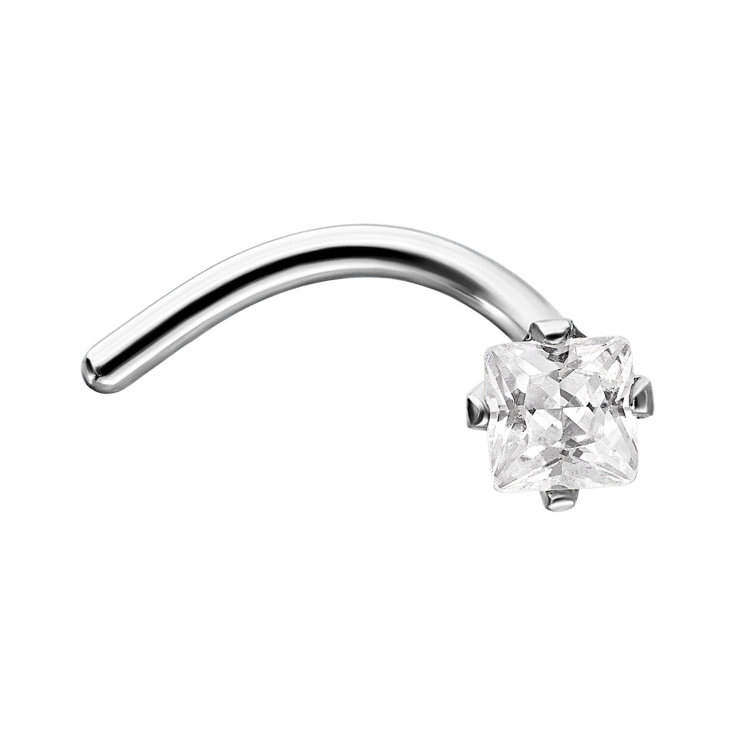 Piercing al naso in argento con cristallo quadrato chiaro su sfondo bianco