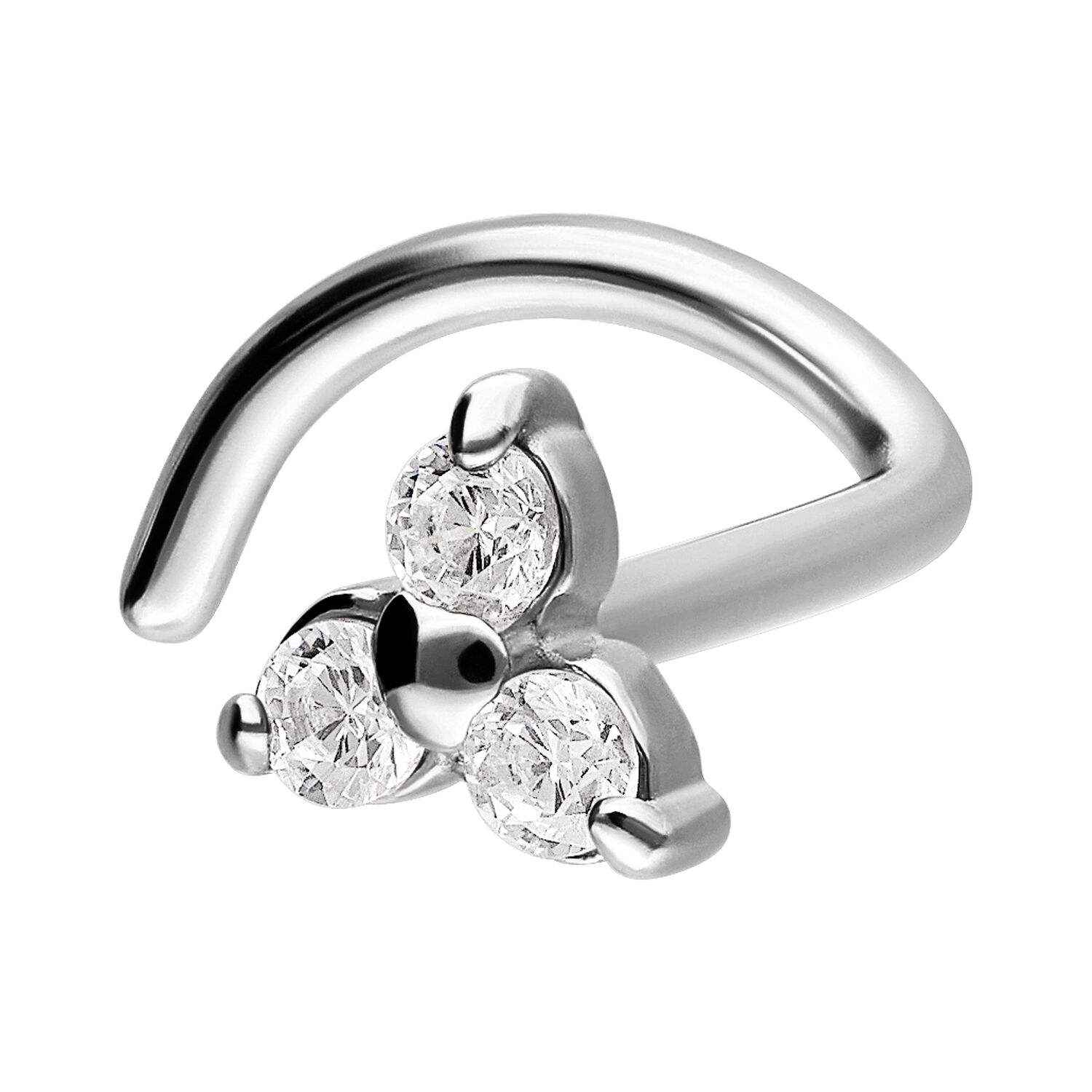 Piercing al naso in argento con tre cristalli chiari su sfondo bianco