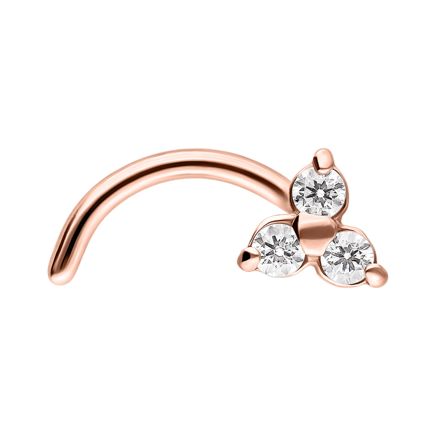 Piercing al naso in oro rosa con tre cristalli chiari su sfondo bianco